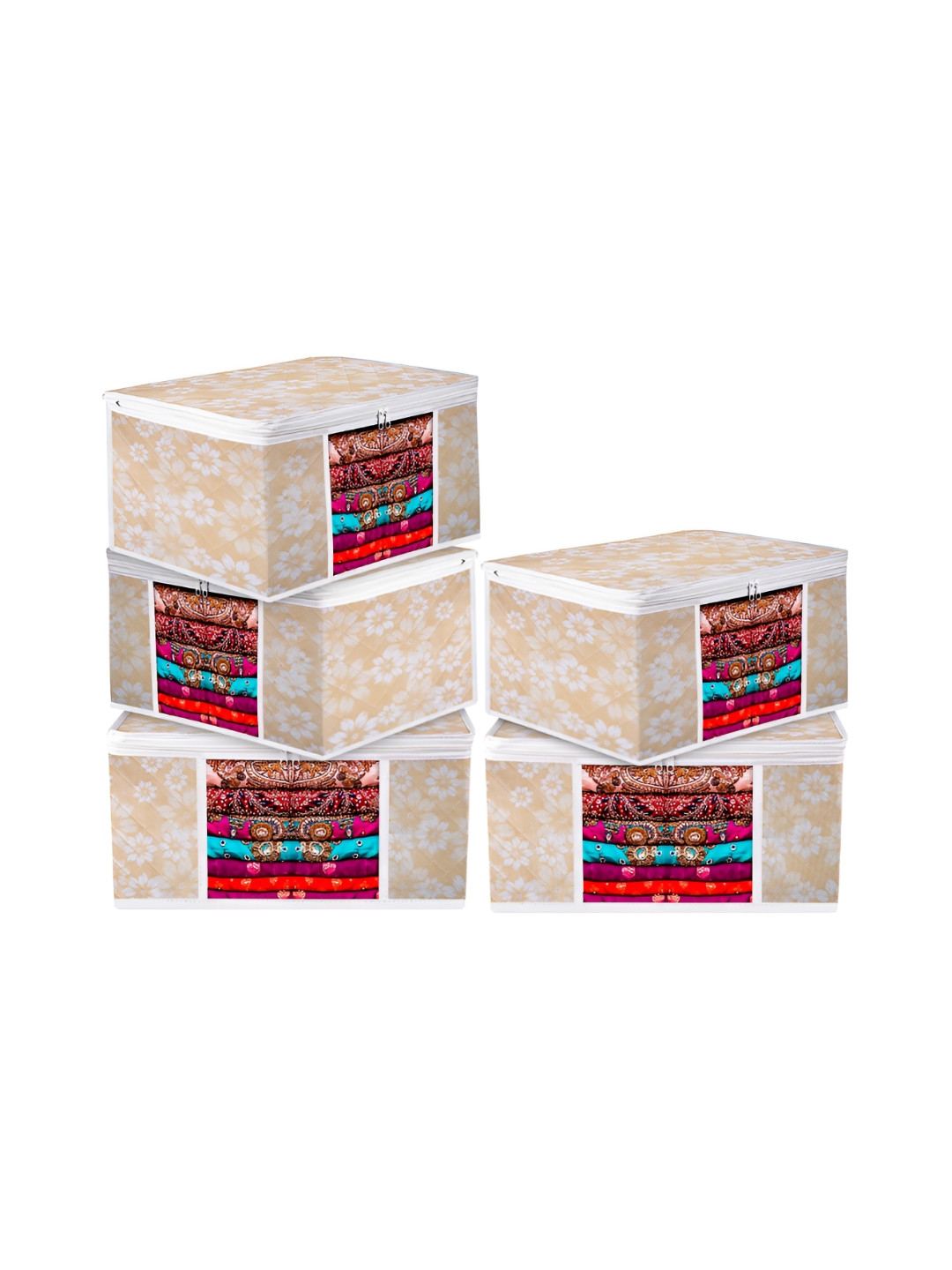 Kuber Industries Gold 5 Pieces Flower Quilted Saree Storage with Visible Window Organiser