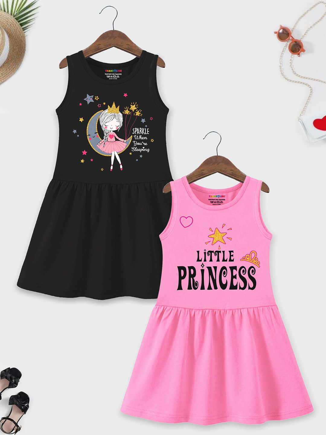 HERE&NOW Pack of 2 Printed Round Neck Sleeveless Cotton Fit & Flare Dress