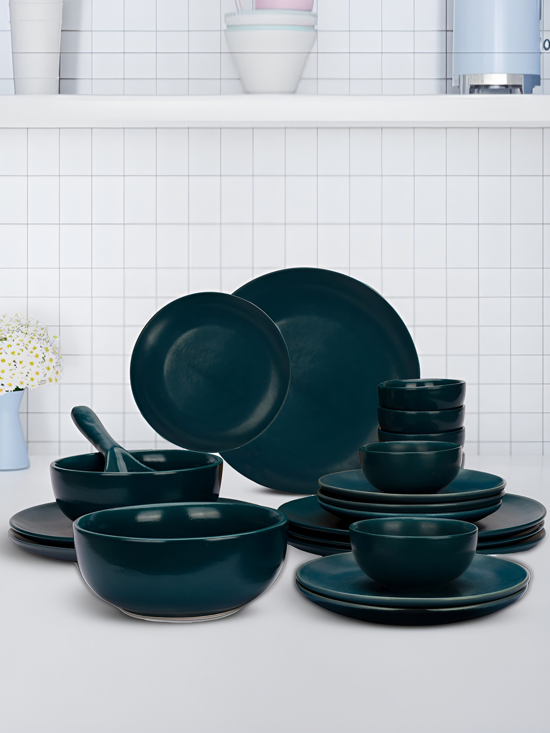 UMAI Teal Solid Ceramic Microwave Safe 21 Piece Dinner Set