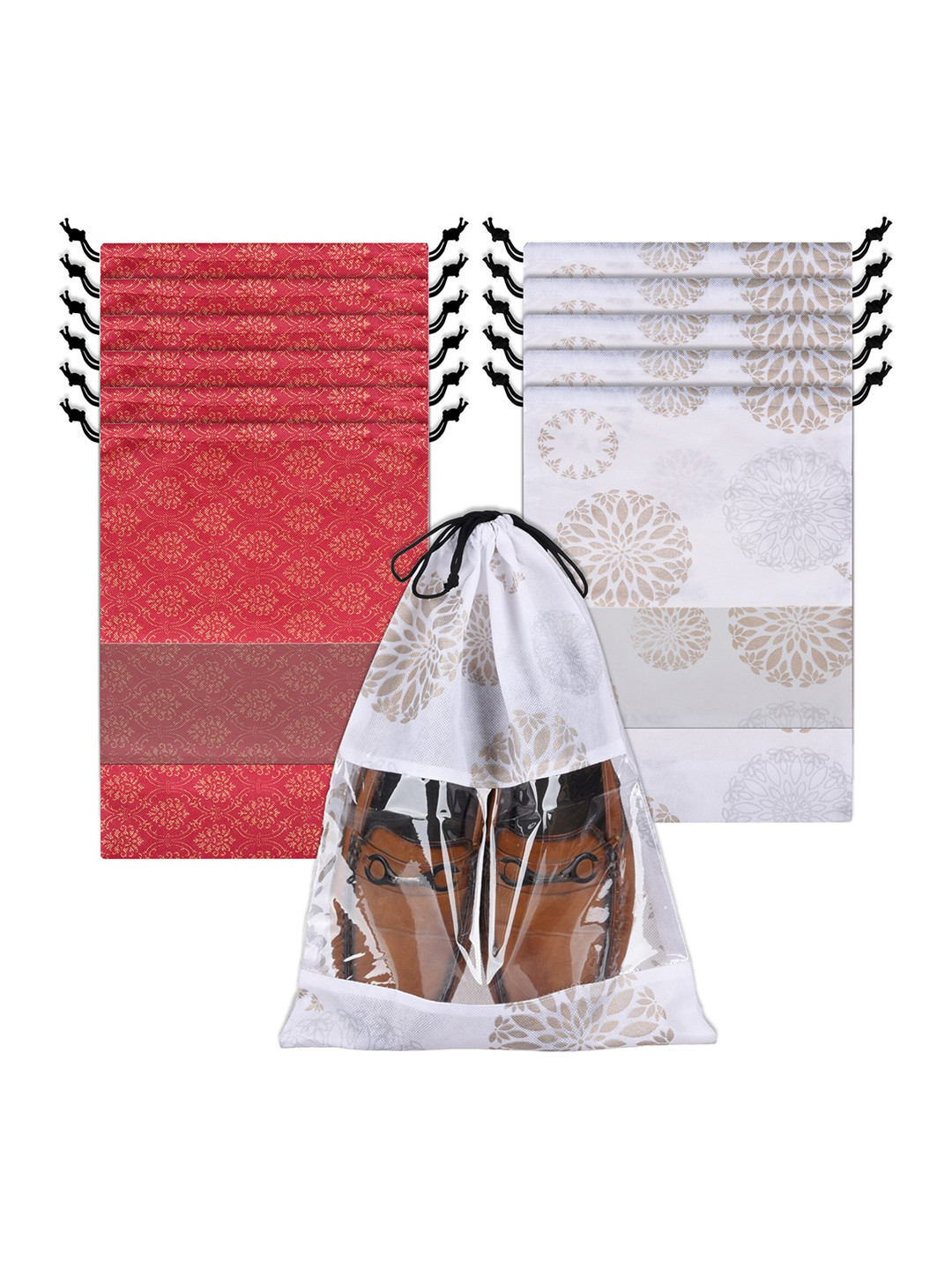 Kuber Industries 12 Pcs Maroon & White Transparent Window Shoe Cover Bags