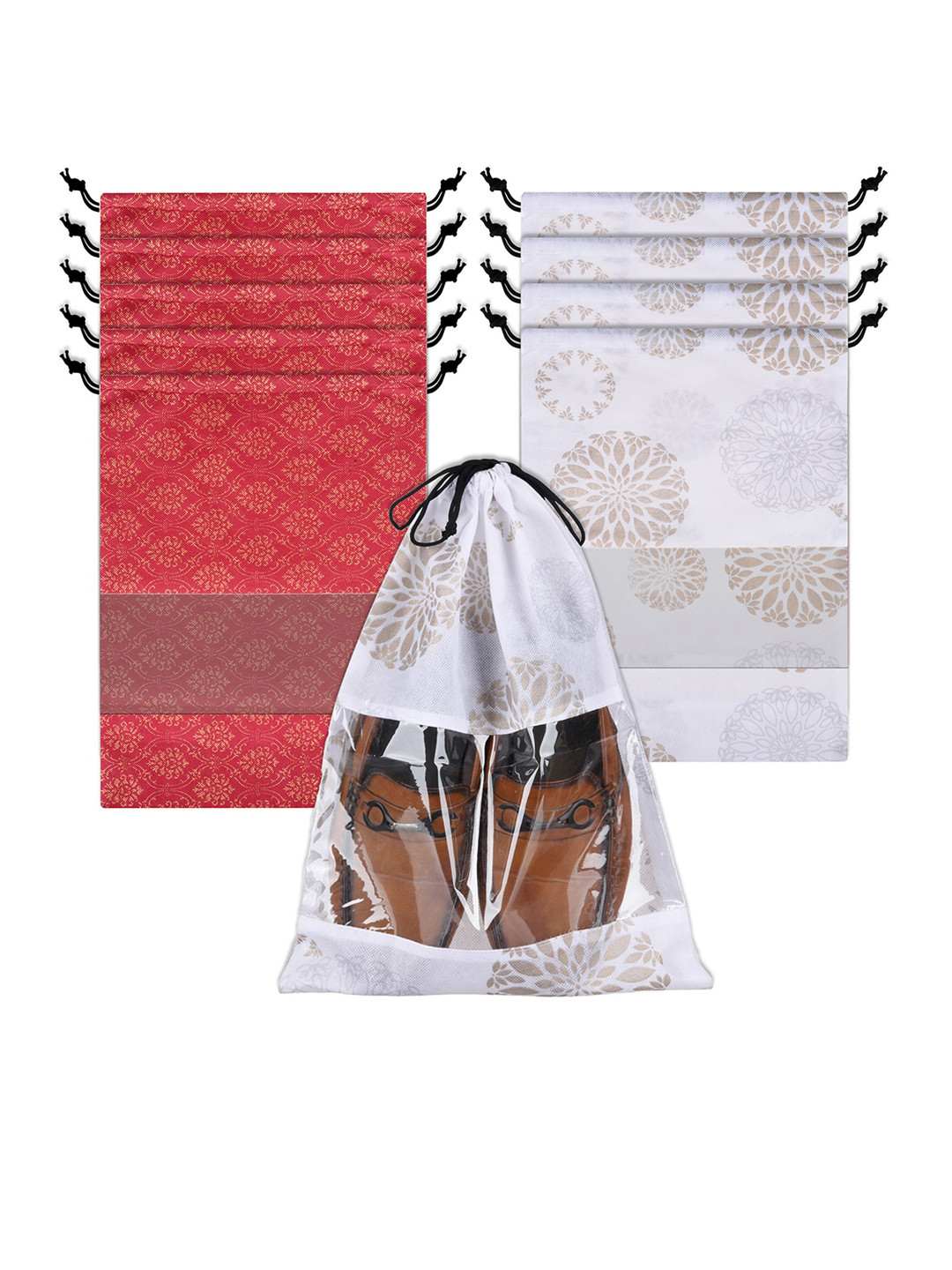 Kuber Industries 10 Pcs Maroon & White Transparent Window Shoe Cover Bags