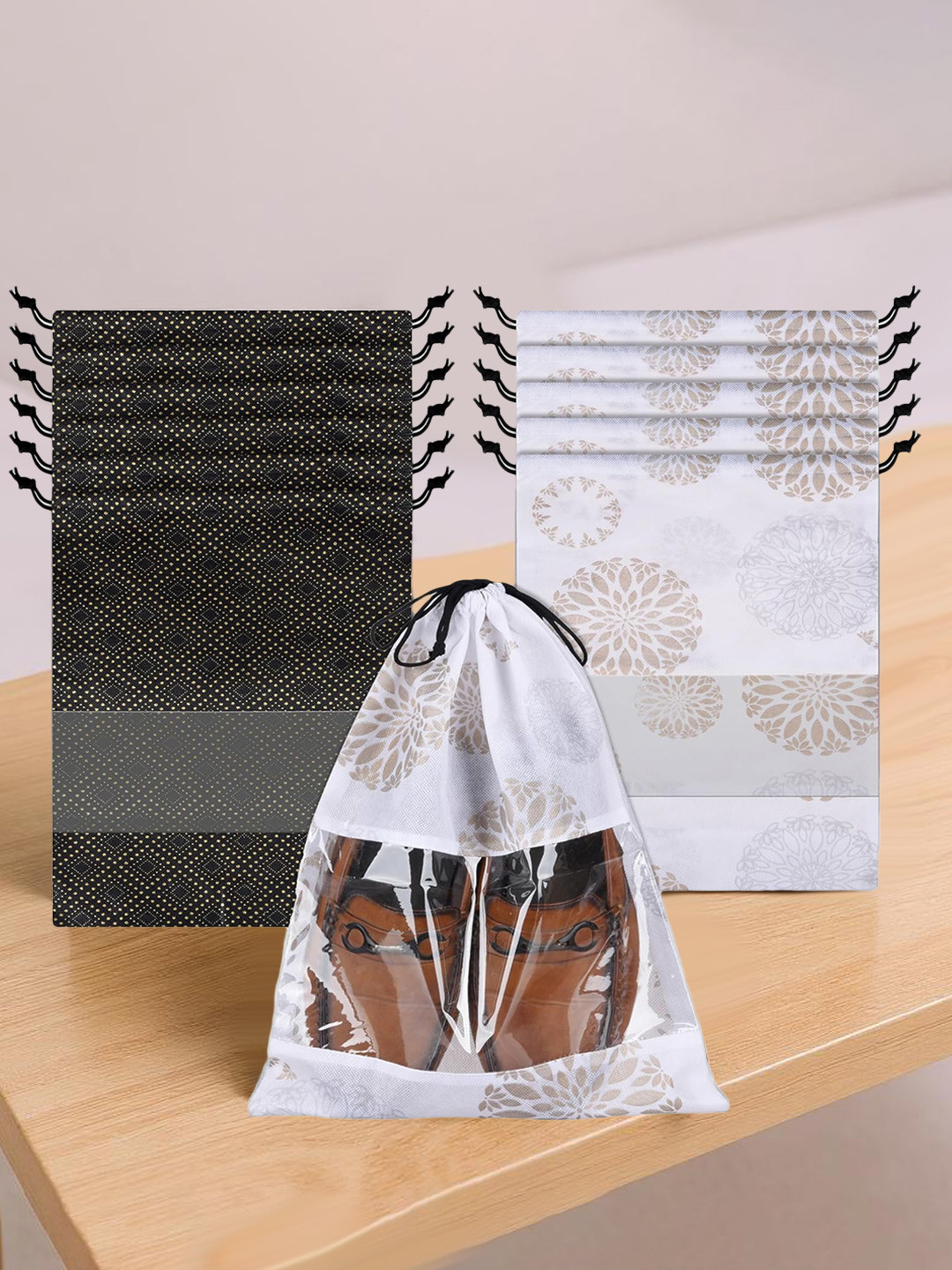 Kuber Industries 12 Pcs Black & White Transparent Window Shoe Cover Bags