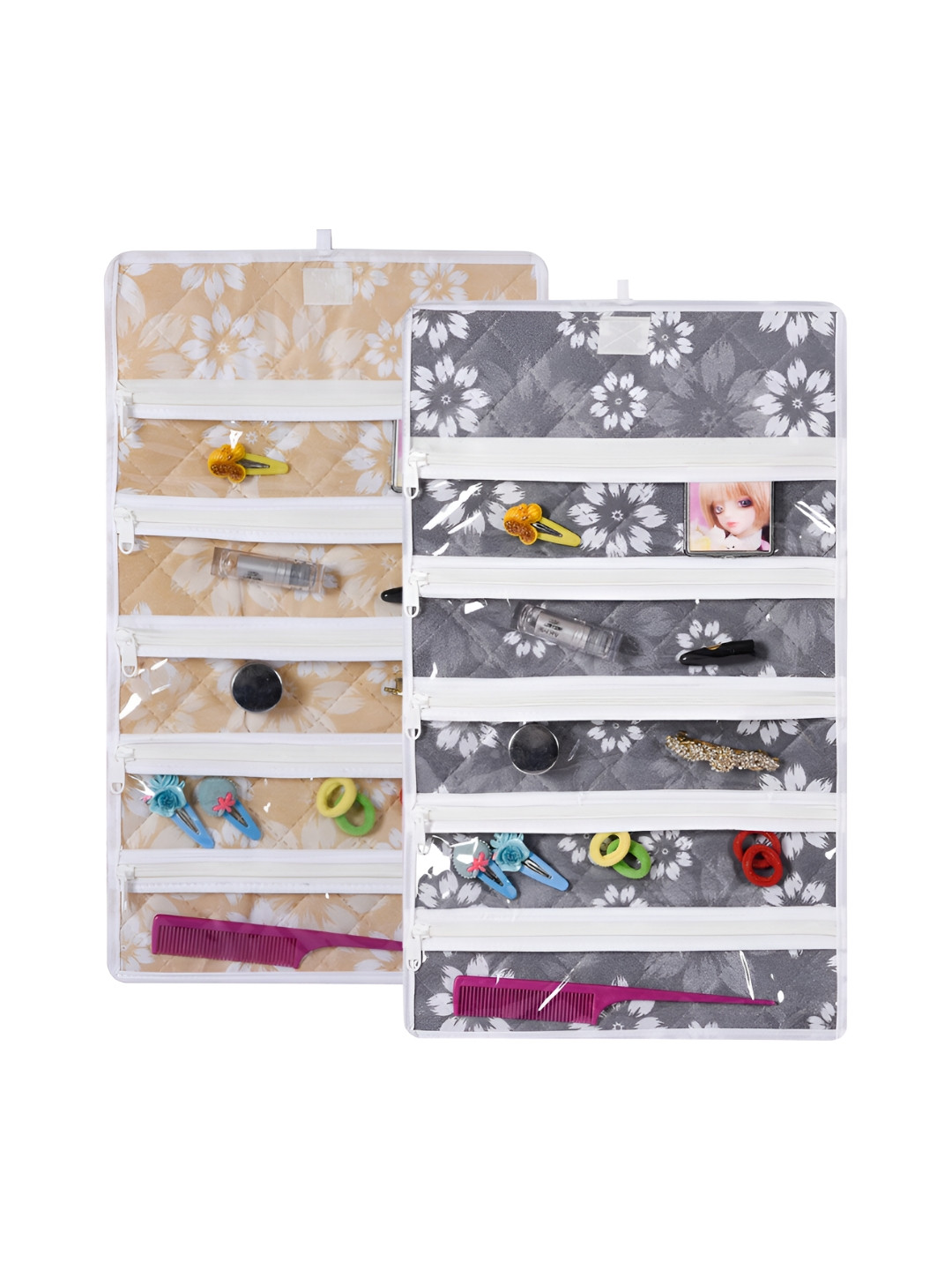 Kuber Industries Grey 2 Pieces 5 Pocket Hanging  Jewellery  Organizer With Velcro