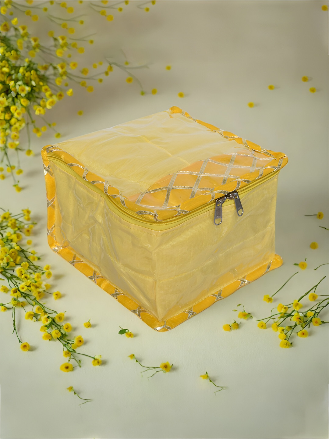 Kuber Industries Yellow Gota Check Regular10 Detachable Pouch Jewellery Organiser