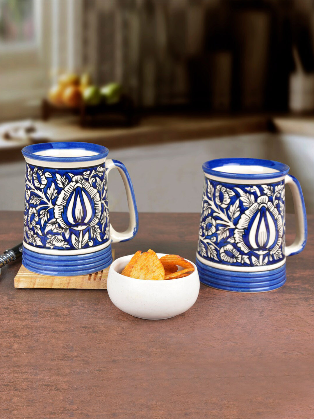 StyleMyWay Blue & White 2 Pieces Floral Printed Ceramic Beer Mugs 500 ml