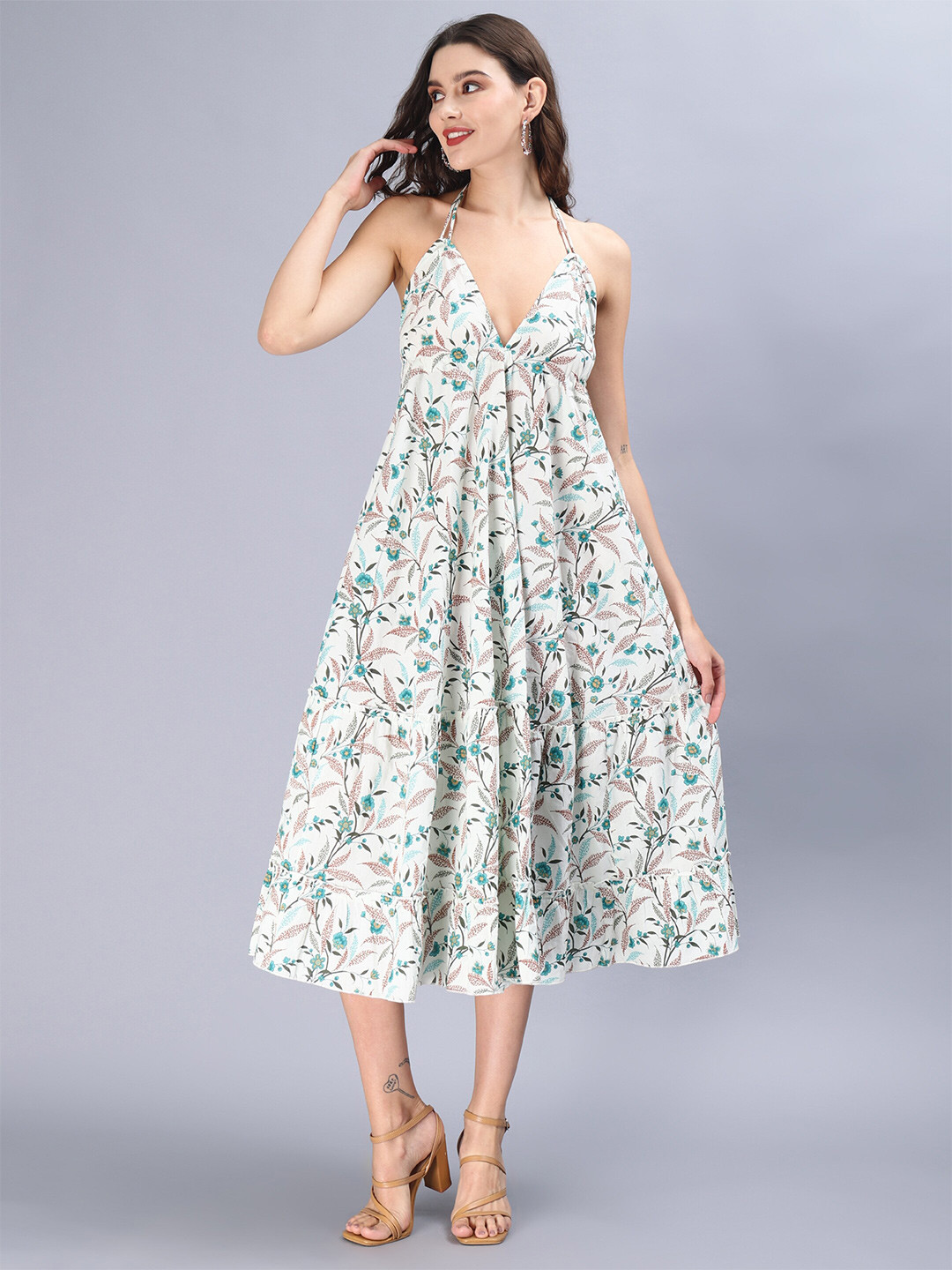 Aditi Wasan White Cotton Floral Halter Neck Midi Dress