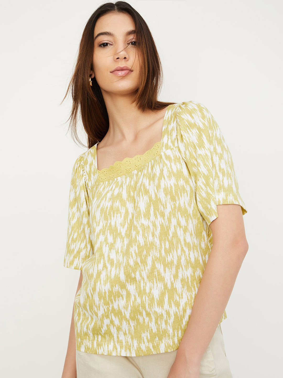 max Abstract Print Square Neck Puff Sleeves Cotton Top