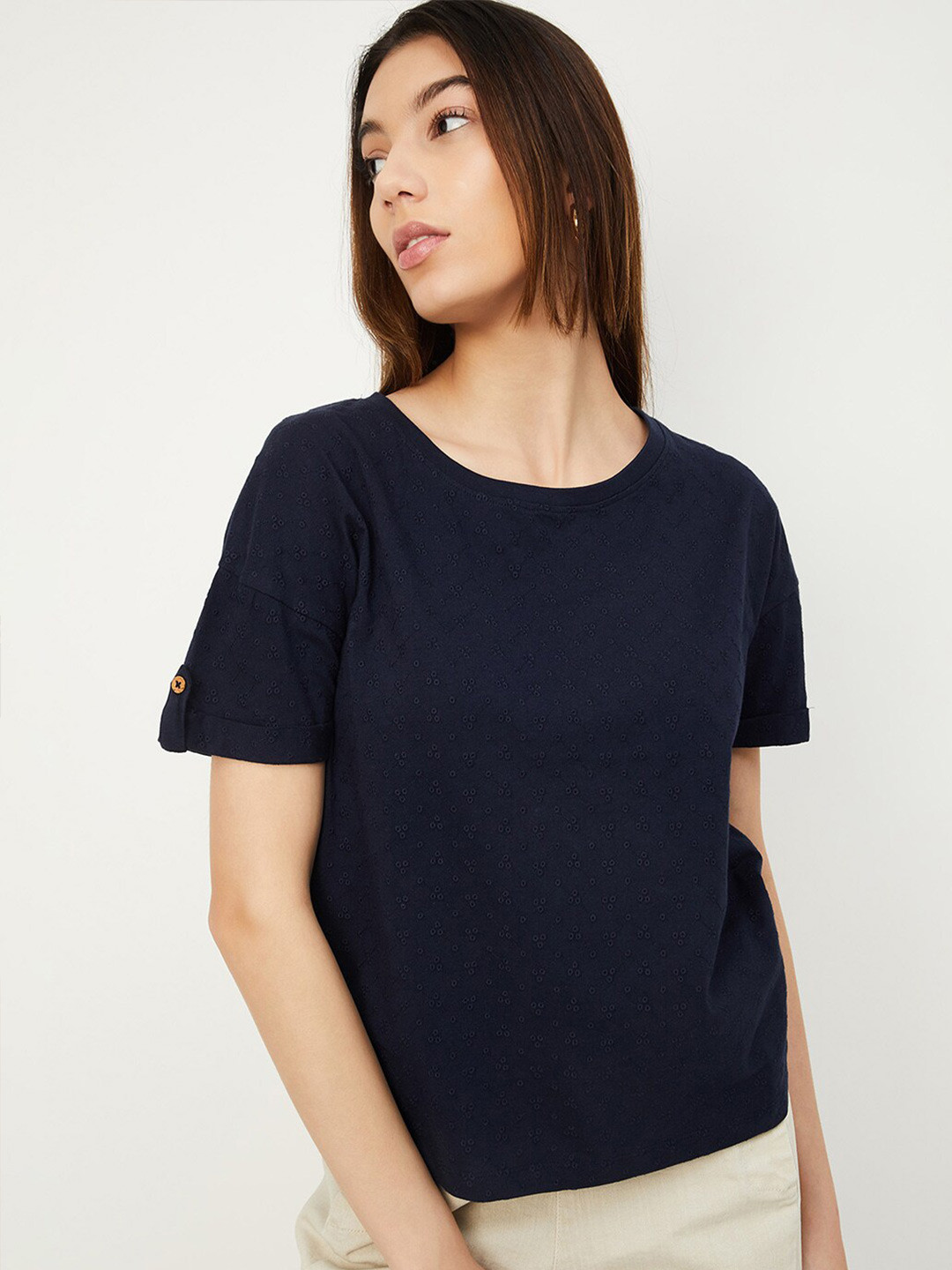 max Self Design Round Neck Drop Shoulder Sleeves Cotton Top