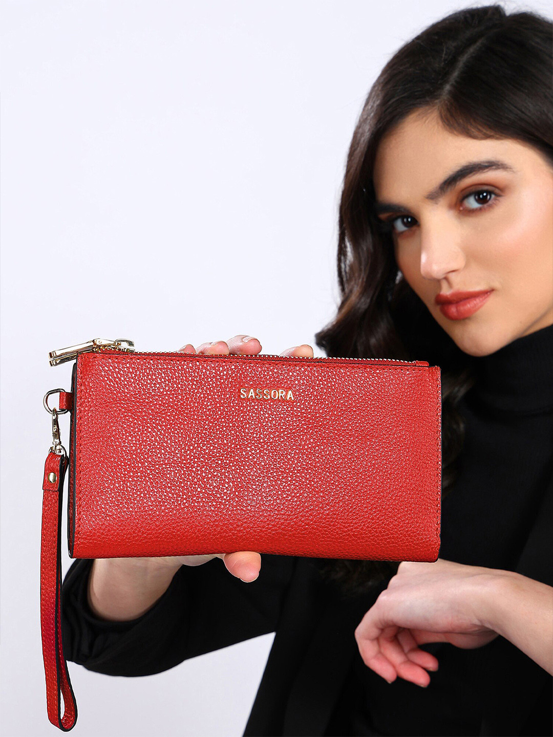 Sassora Zip Detail Leather Wrist Loop Two Fold Wallet