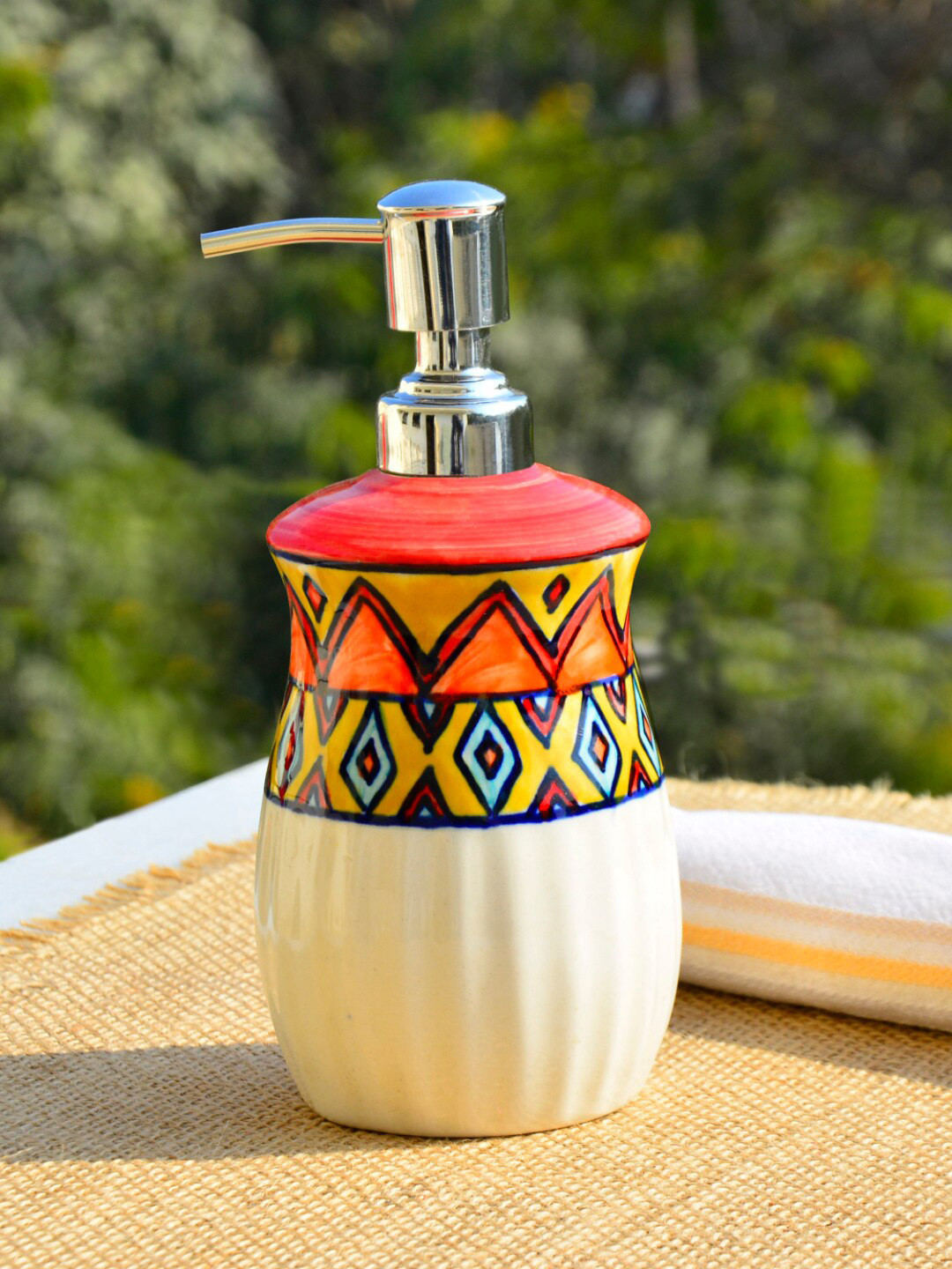 StyleMyWay Cream & Yellow Geometric Printed Ceramic Soap Dispenser