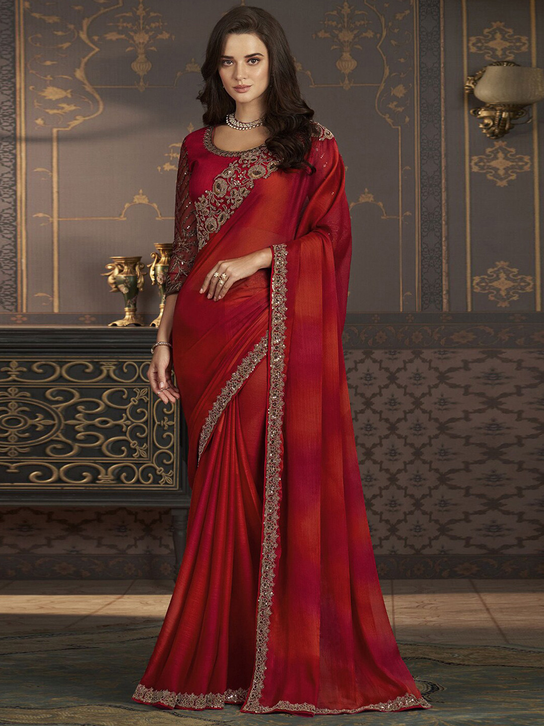 Mitera Embroidered Pure Chiffon Chettinad Saree