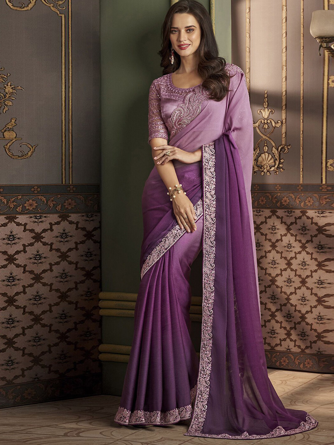 Mitera Ombre Gotta Patti Pure Chiffon Chettinad Saree