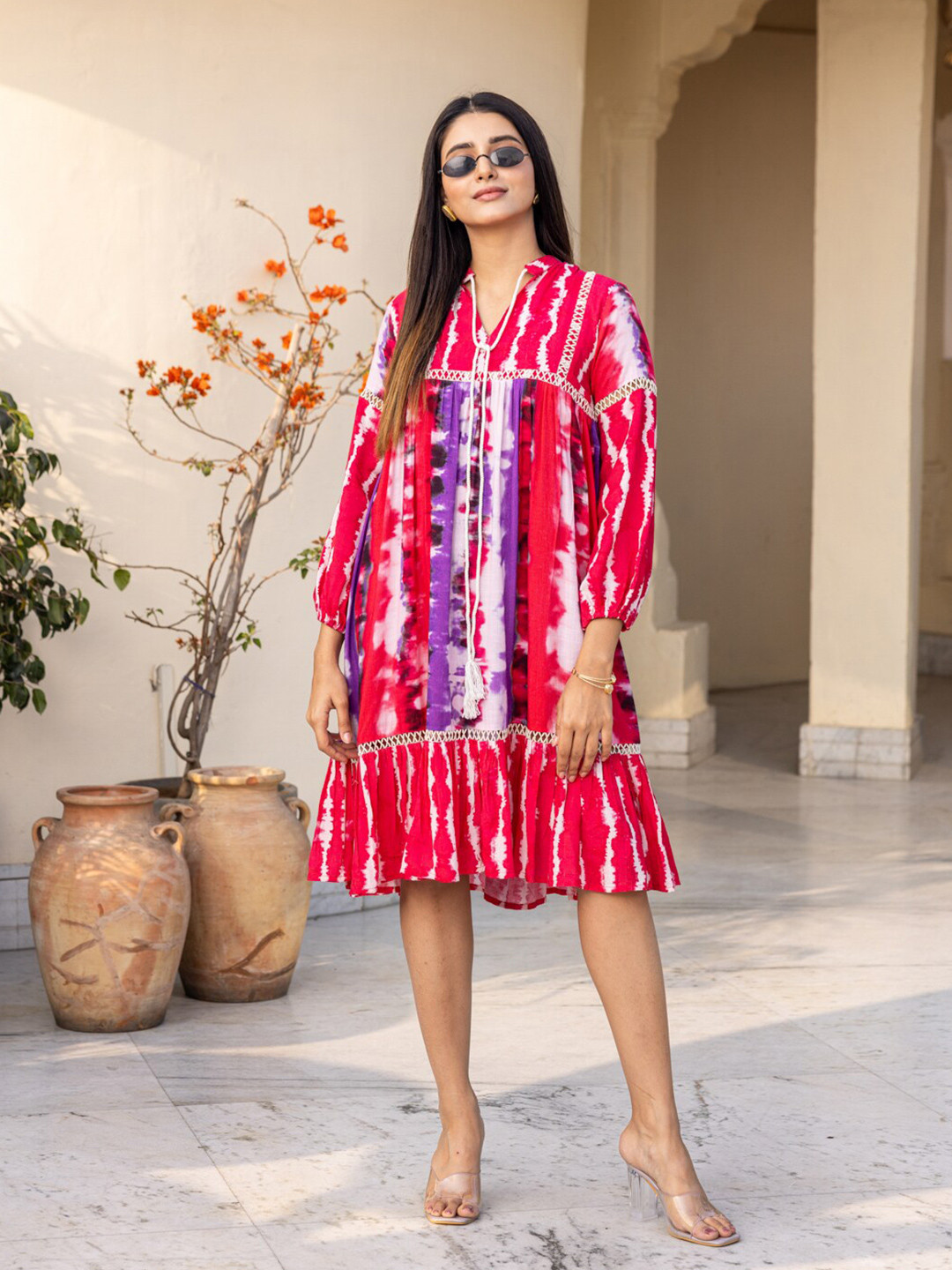 Ambraee Abstract Printed Flounce Puff Sleeve Holi A-Line Dress