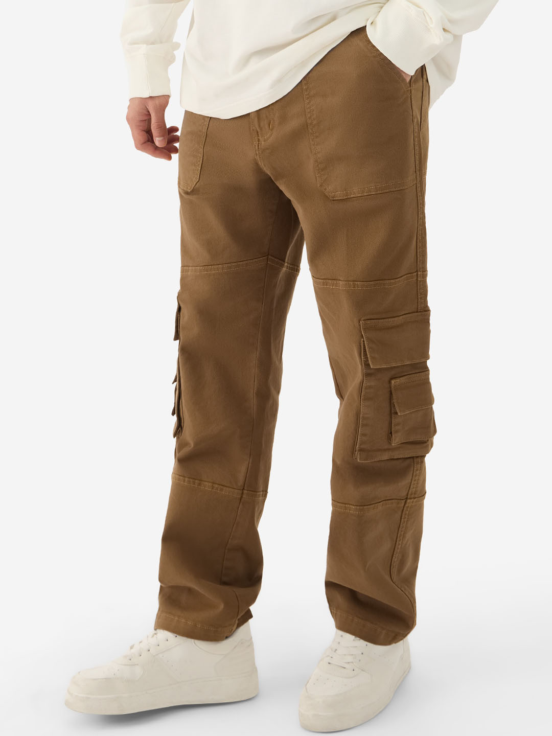 The Souled Store Men Straight Fit Solid Brown Cargo Jeans