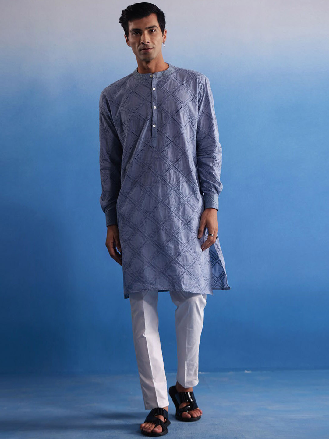 VASTRAMAY Men Schiffli Embroidered Cotton Kurta With Pant Pyjama