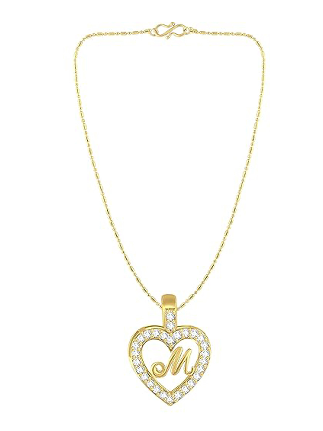 Vighnaharta Gold-Plated Cubic Zirconia Studded Heart Shaped M Letter Pendant With Chain