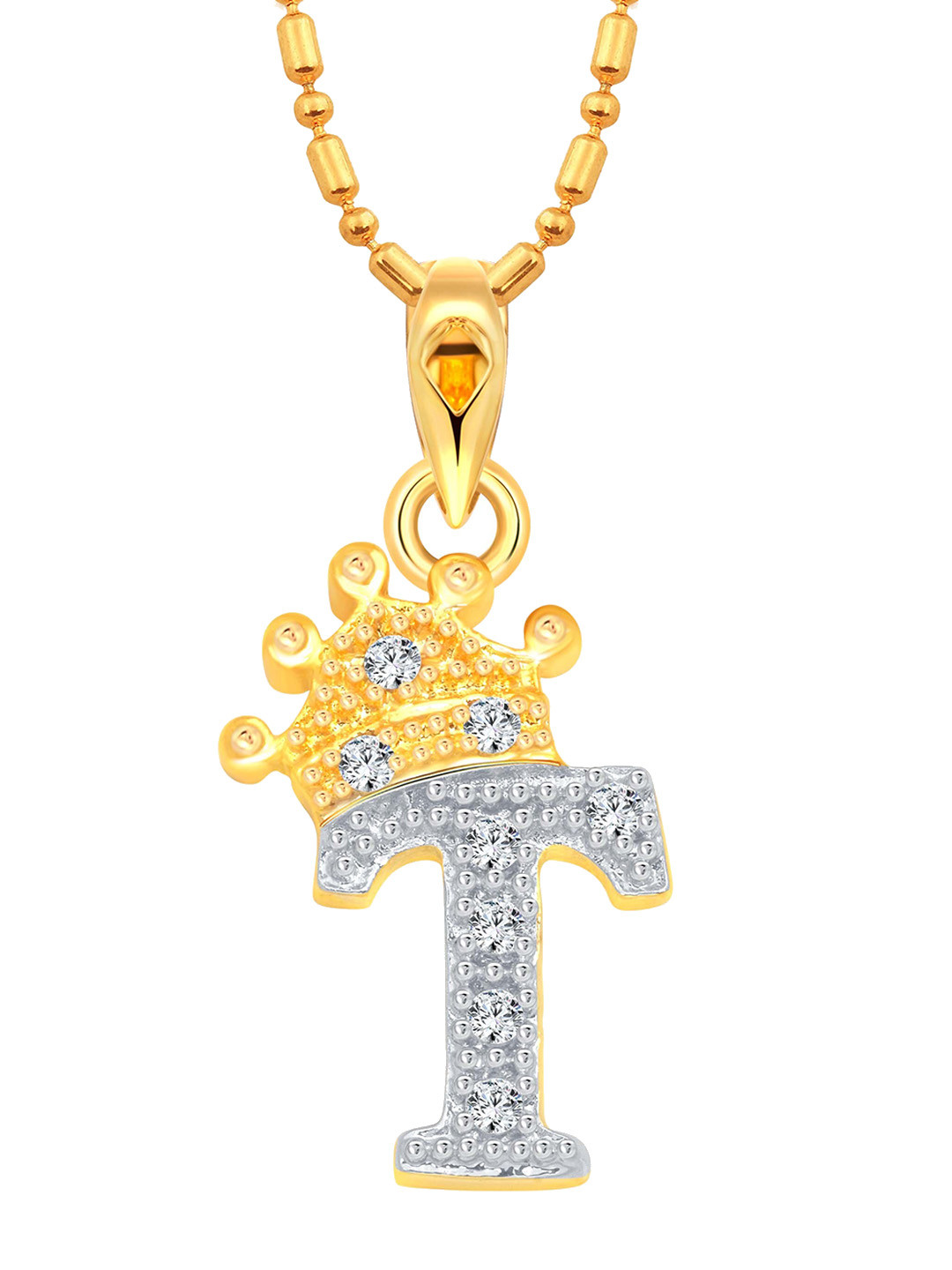Vighnaharta Gold-Plated Cubic Zirconia Studded Crown T Letter Pendant With Chain