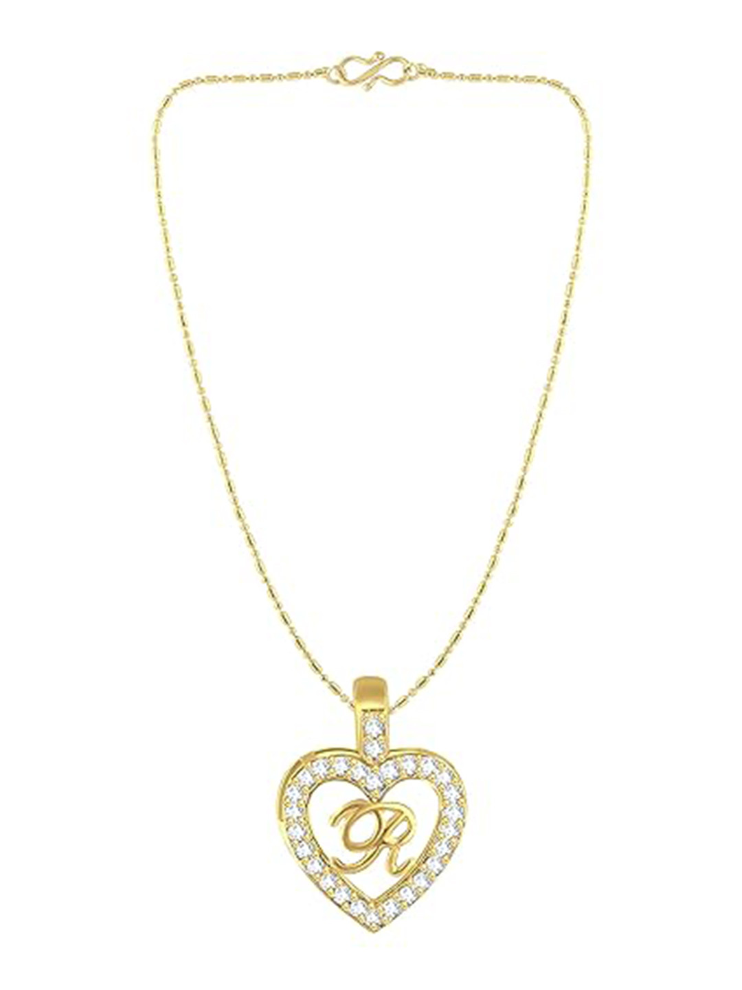 Vighnaharta Gold-Plated Cubic Zirconia Studded Heart Shaped R Letter Pendant With Chain