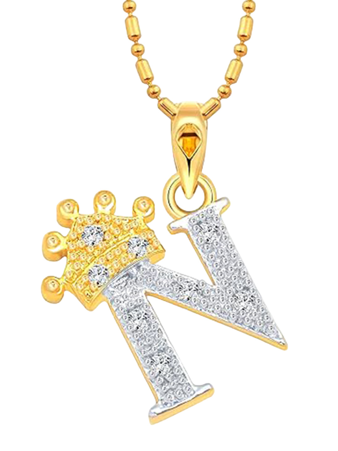 Vighnaharta Unisex Gold-Plated Cubic Zirconia Studded Crown N Letter Pendant With Chain
