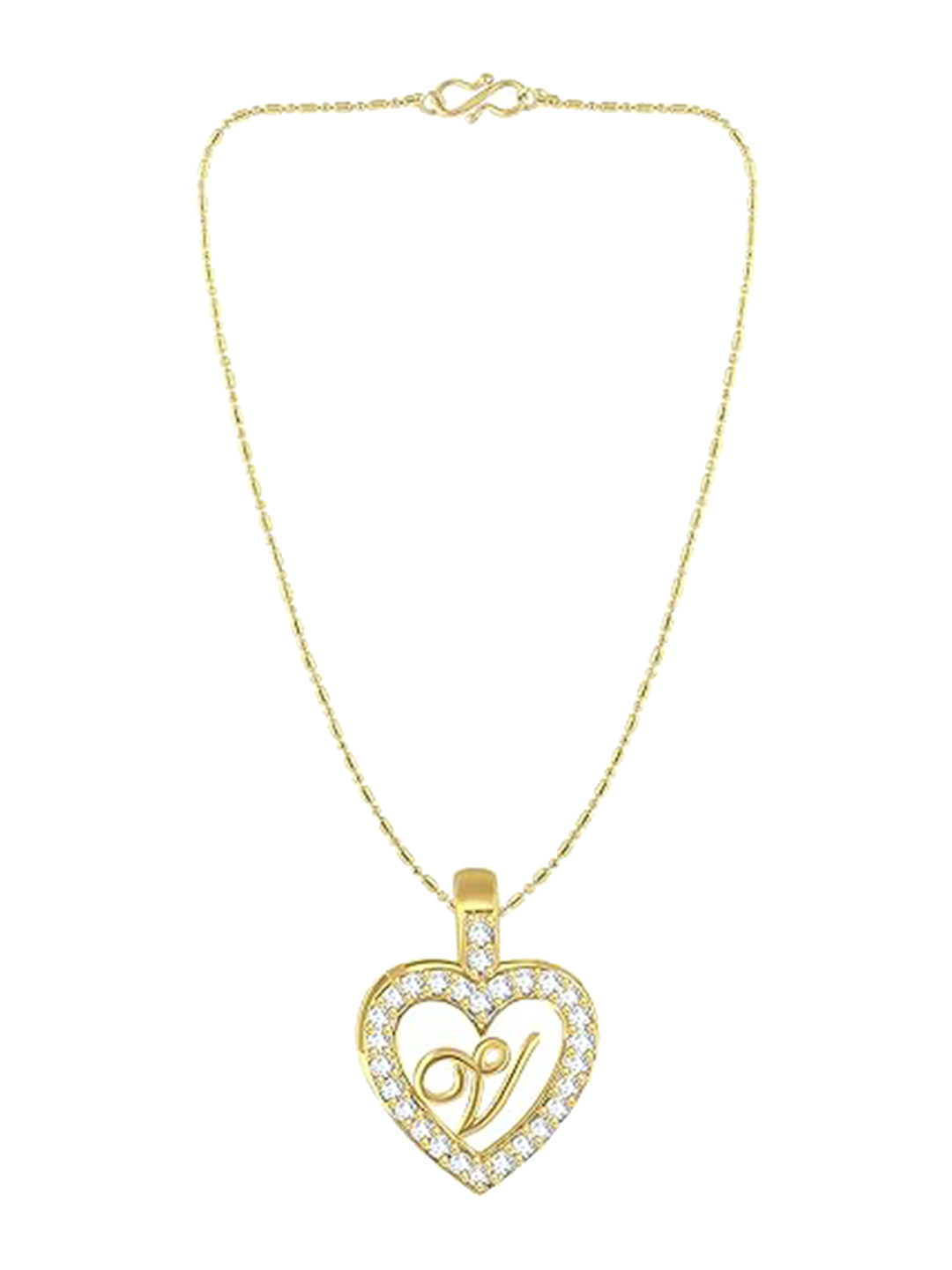 Vighnaharta Gold-Plated Cubic Zirconia Studded Heart Shaped V Letter Pendant With Chain