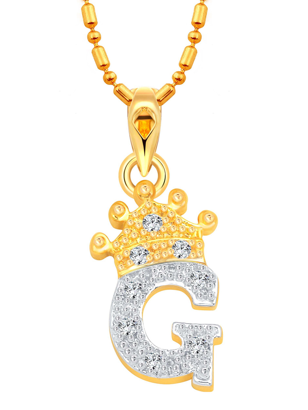 Vighnaharta Unisex Gold-Plated Cubic Zirconia Studded Crown G Letter Pendant With Chain