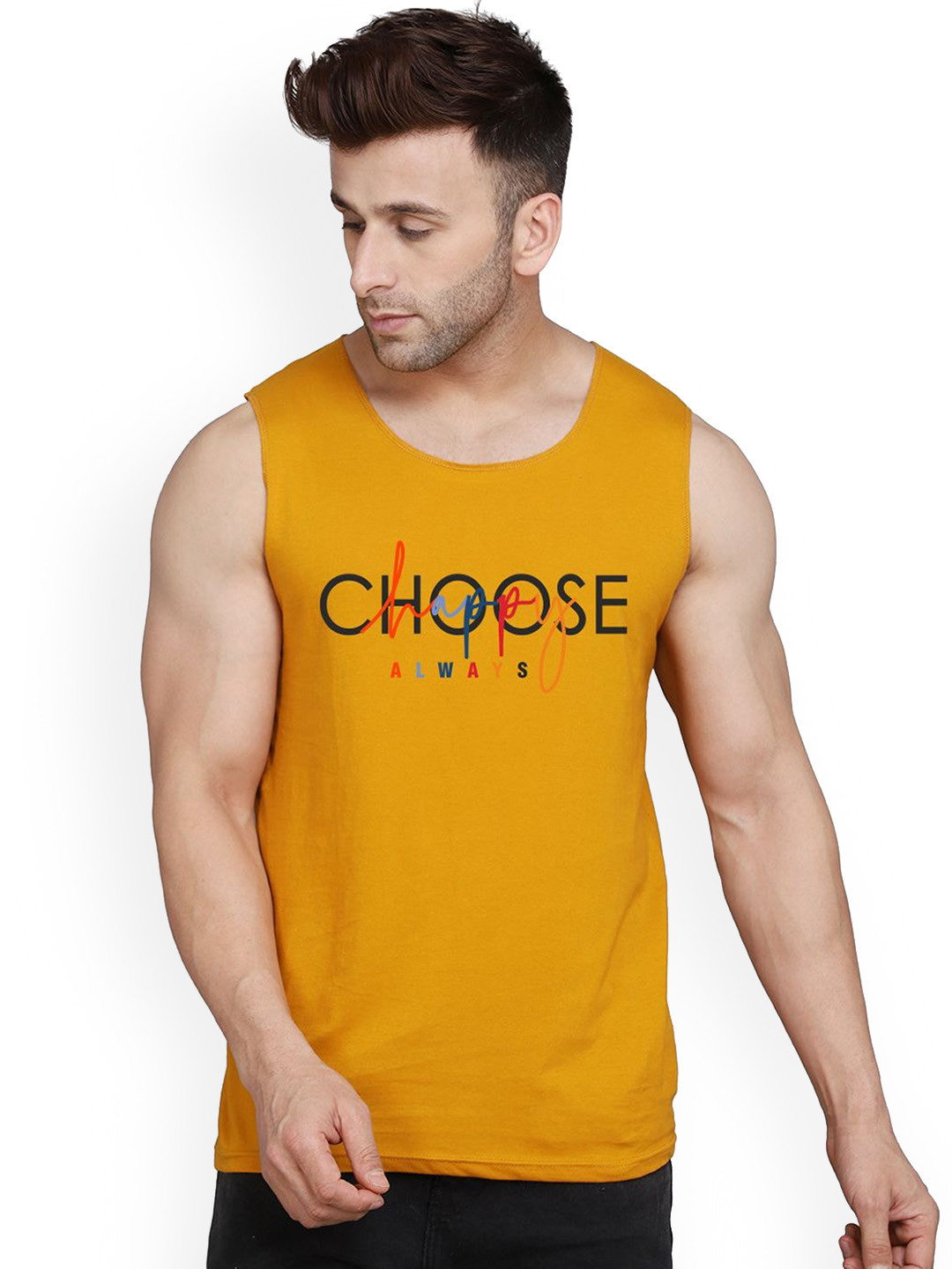 SLOWLORIS Printed Combed Cotton Bio-Wash Gym Vest SL26 CHS MUSTARD
