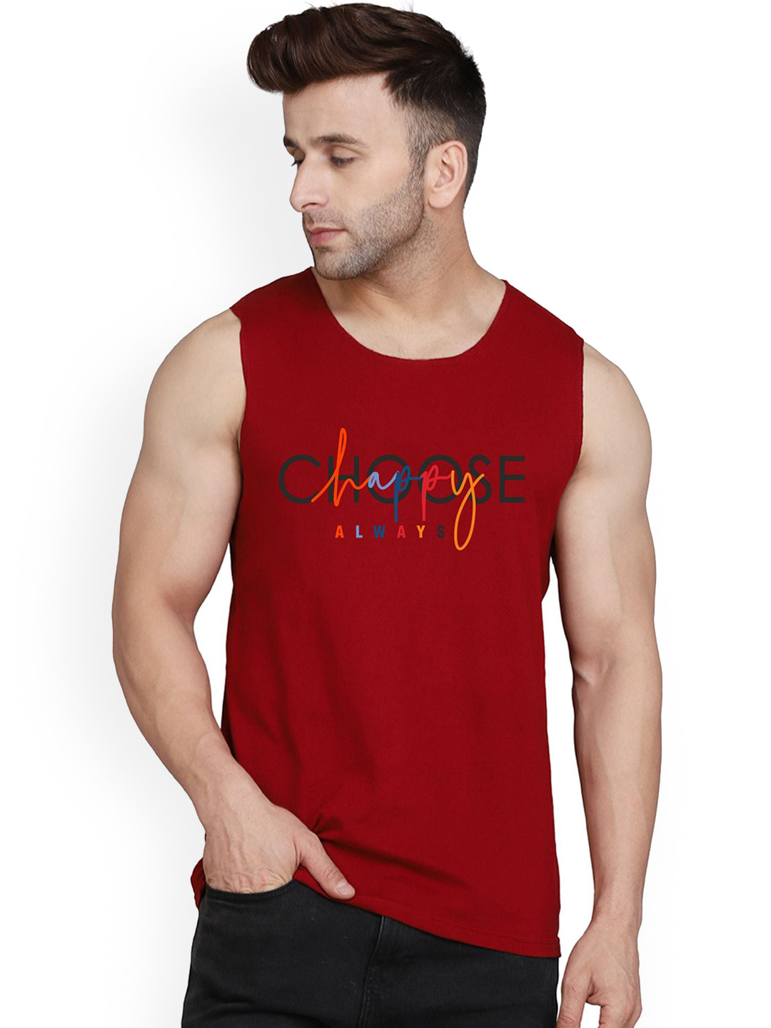 SLOWLORIS Printed Combed Cotton Bio-Wash Gym Vest SL26 CHS MAROON