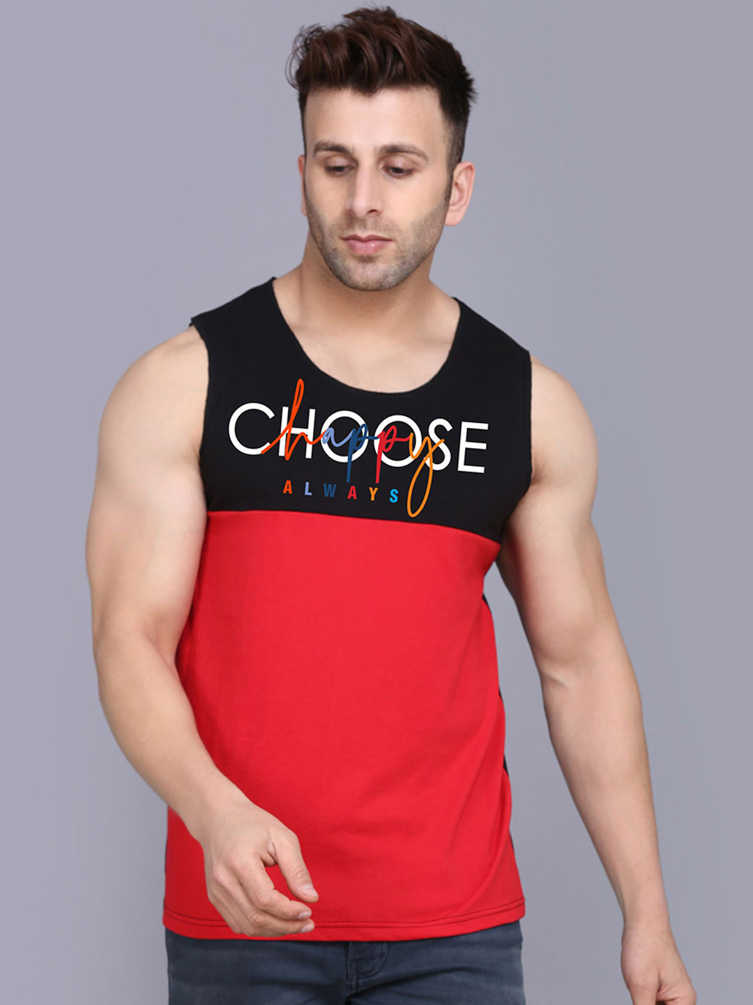 SLOWLORIS Colourblocked Bio-Washed Cotton Gym Vest SL26 CHS BLACKRED