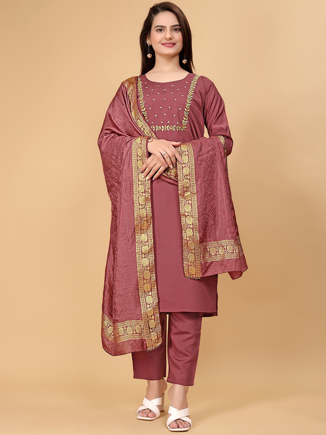 Kinjo Yoke Design Gotta Patti Chanderi Silk Kurta With Palazzo & Dupatta