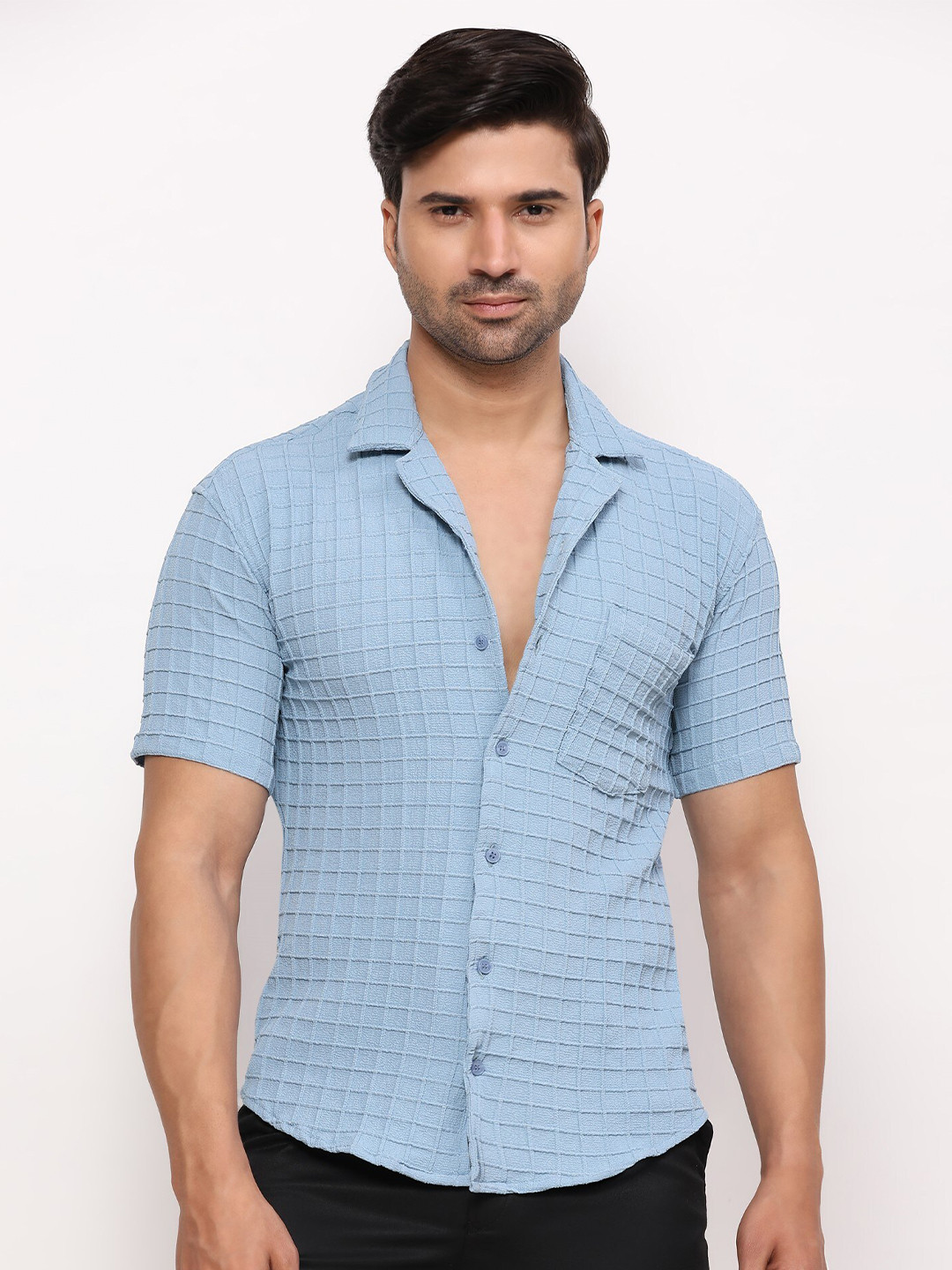 ZARIMO Standard Grid Tattersall Checked Lapel Collar Short Sleeves Regular Fit Shirt