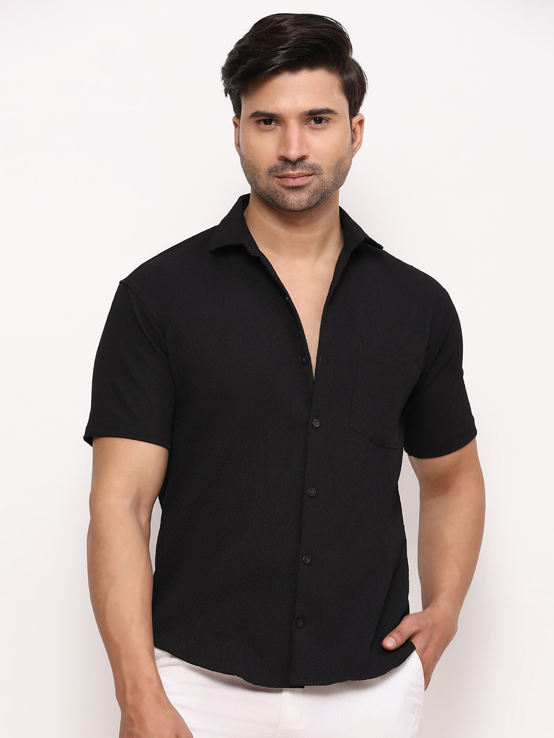 ZARIMO Standard Textured Spread Collar Short Sleeves Regular Fit Shirt