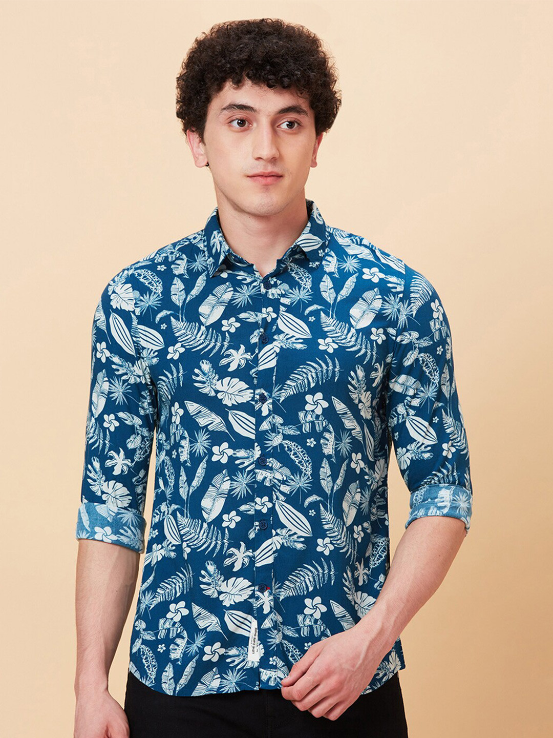 Being Human Slim Fit Floral Printed Spread Long Roll Up Sleeves Collar Casual Shirt