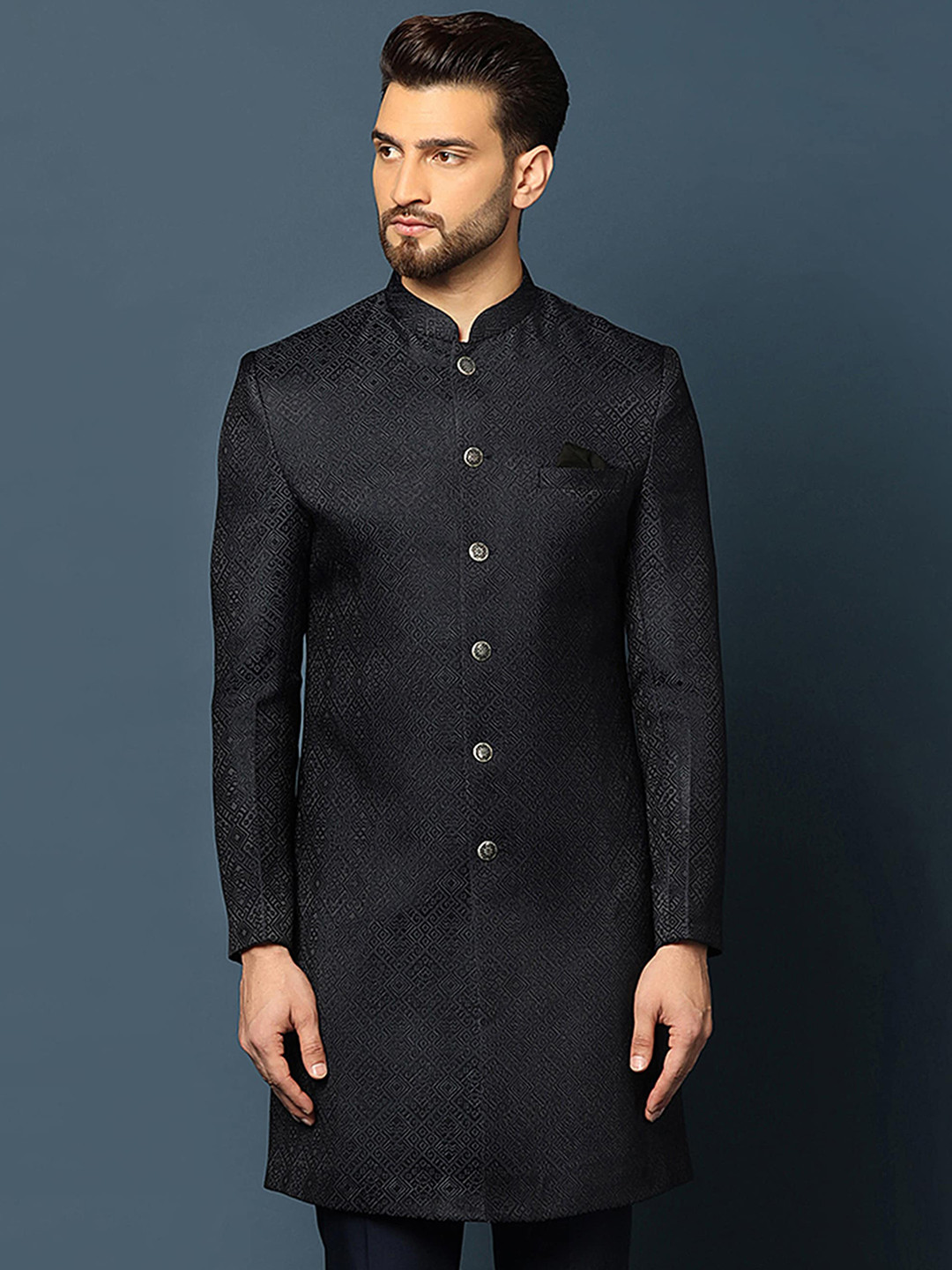 KISAH Men Navy Blue Geometric Woven Design Mandarin Collar Indowestern Sherwani Jacket