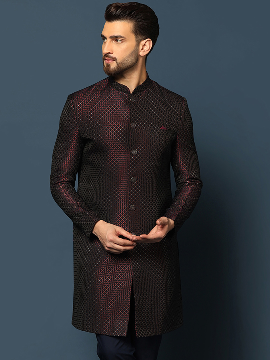 KISAH Men Geometric Woven Design Mandarin Collar Indowestern Sherwani