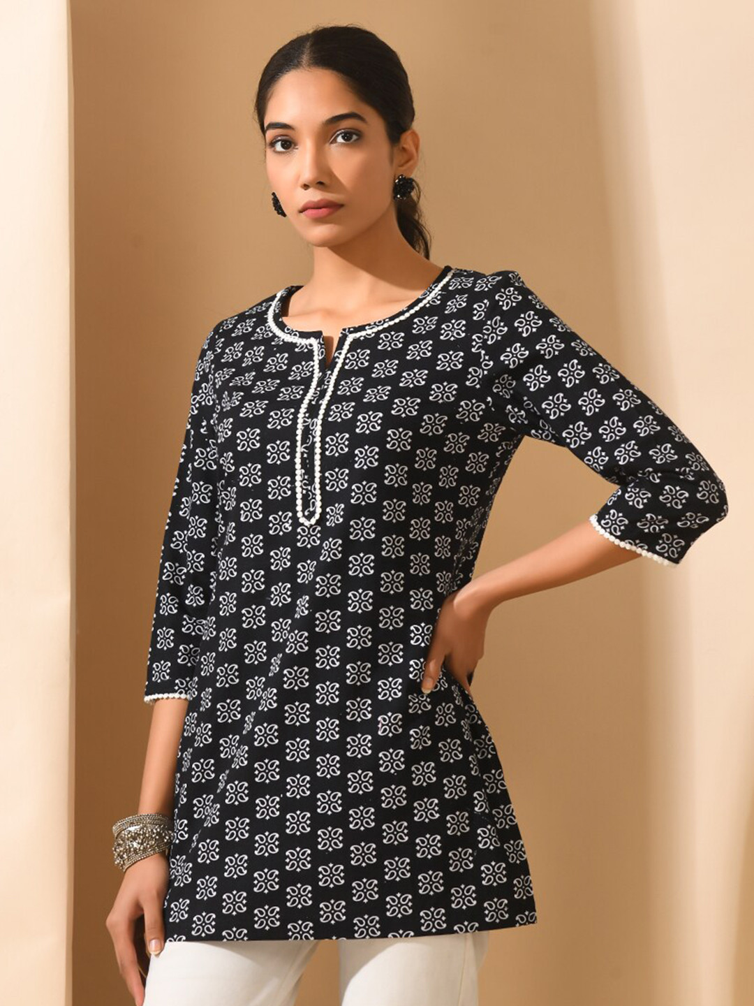 MEESAN Ethnic Printed Lace Inserts Detail Cotton Tunic