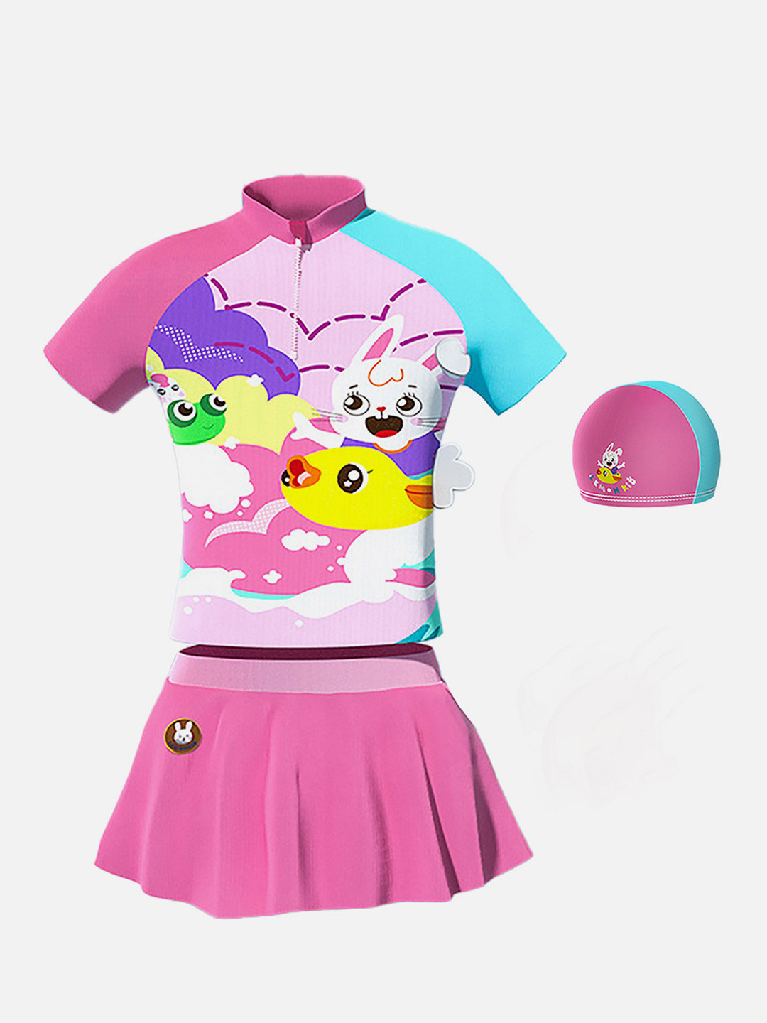 Little Surprise Box LLP Girls Printed UPF 50+ Top With Skirt & Cap Swim Set