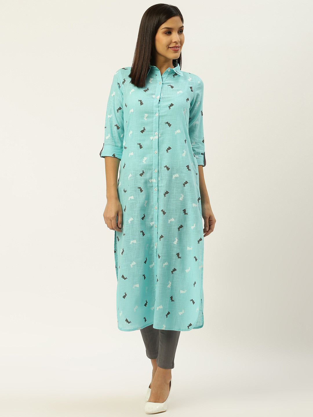 RANGMAYEE Conversational Printed Rolled Up Sleeves Cotton Pathani Kurta