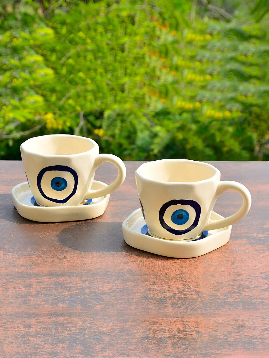 StyleMyWay White & Blue Printed Ceramic Glossy Cups and Saucers 250 ml