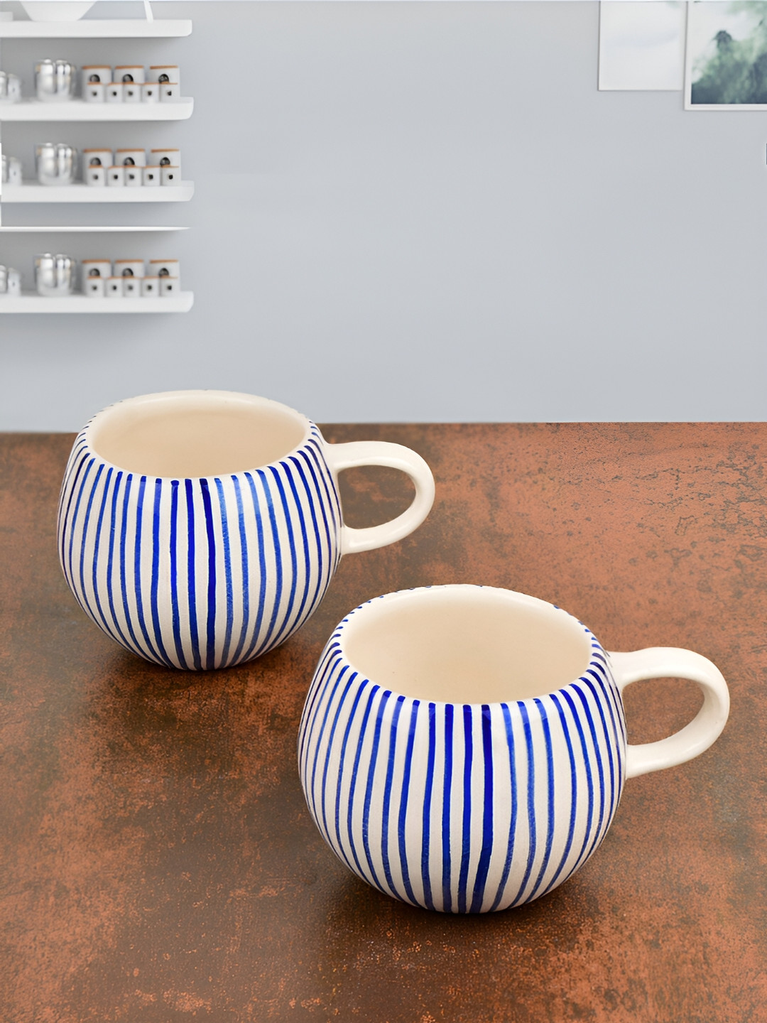 StyleMyWay Blue & White 2 Pieces Printed Ceramic Glossy Mugs 400 ml Each