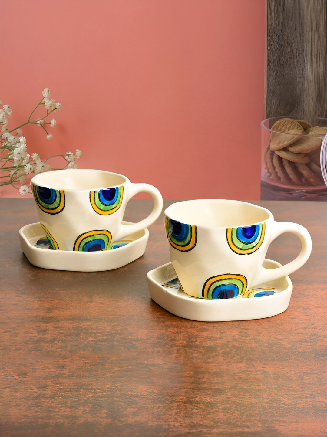 StyleMyWay White & Blue 4 Pieces Printed Ceramic Glossy Cups and Saucers 250 ml Each