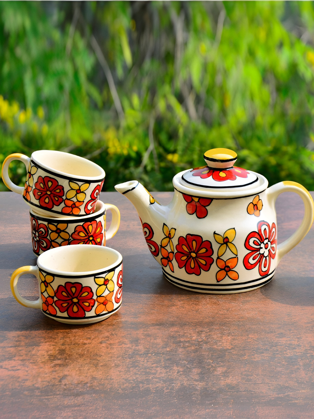 StyleMyWay Red & Cream 5 Pieces Floral Printed Ceramic Glossy Kettle Set 700 ml