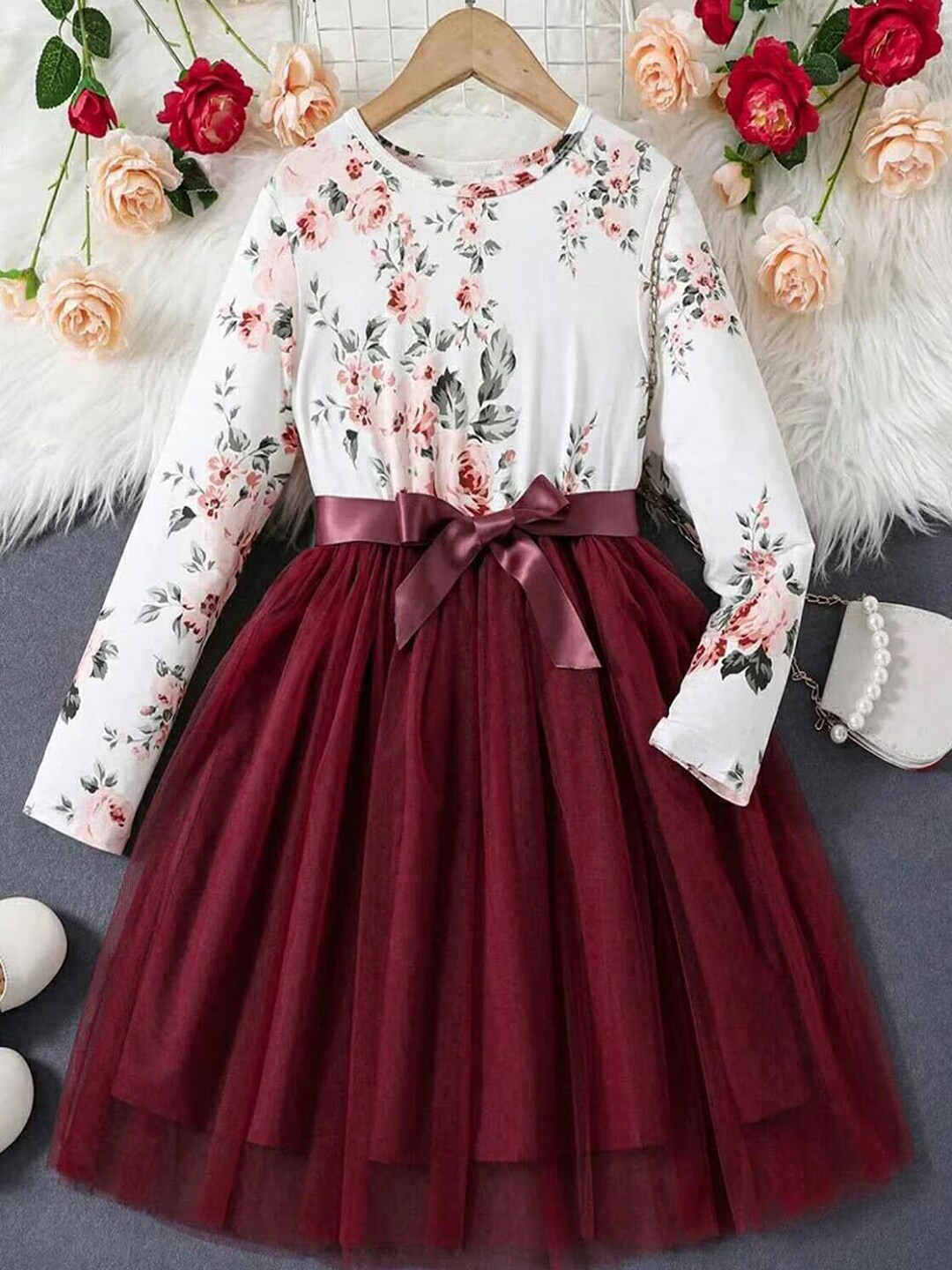 BAESD Floral Print Round Neck Net Fit & Flare Dress