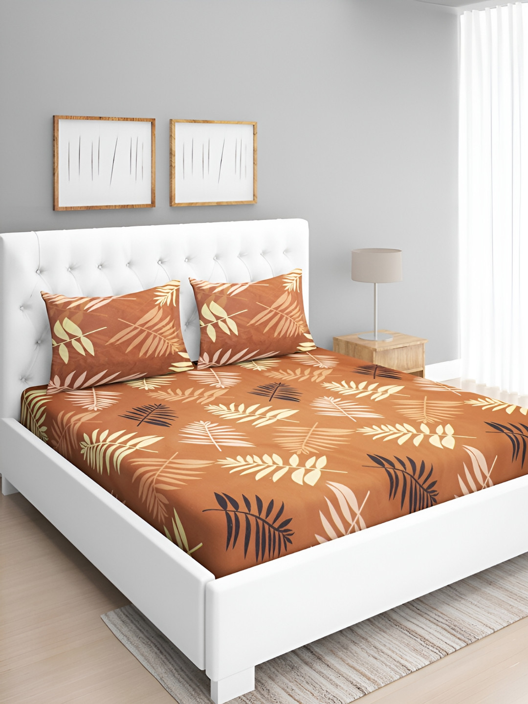 Aura Brown & Orange Floral 160 TC Queen Microfiber Bedsheet With 2 Pillow Covers