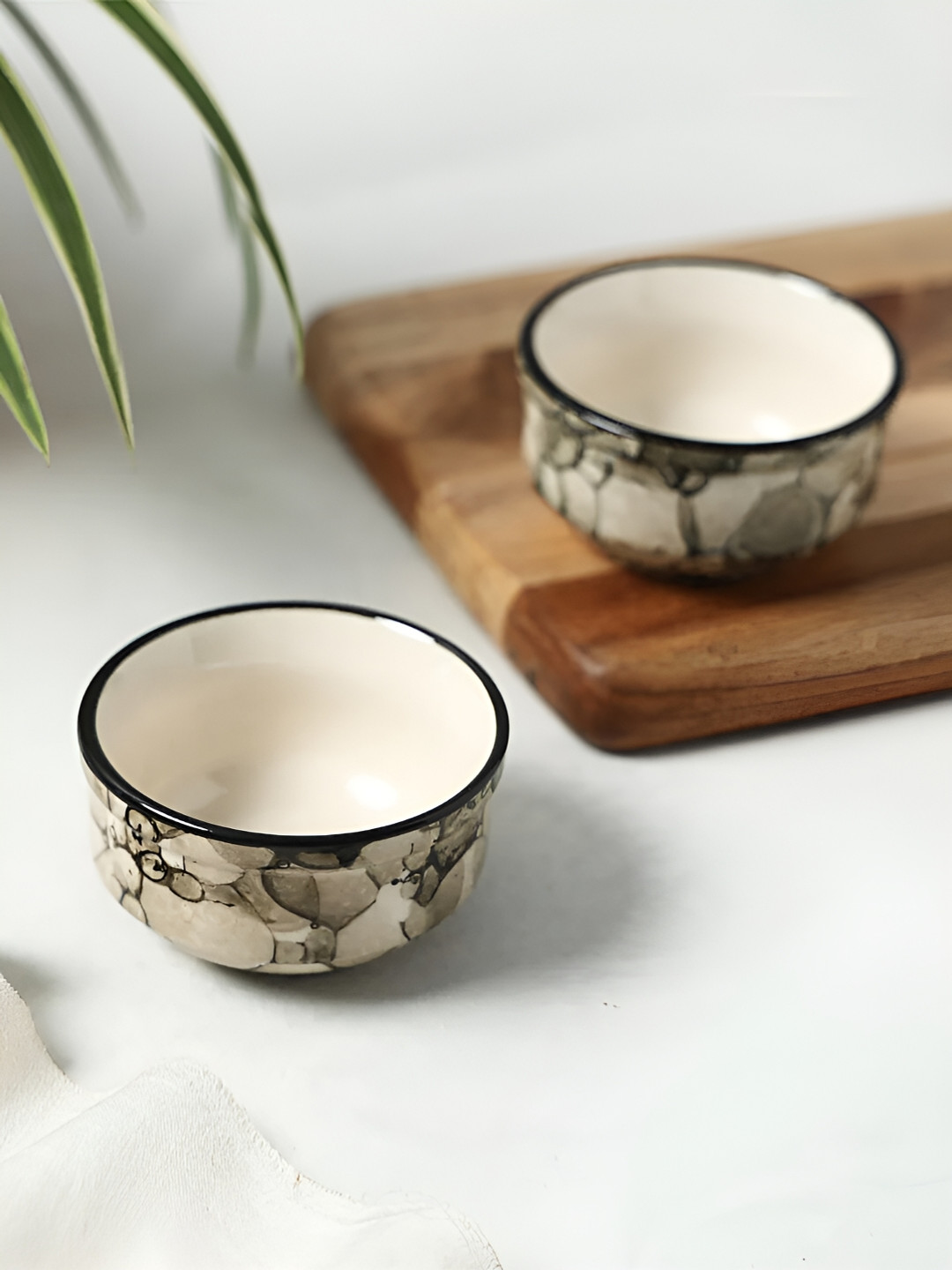 StyleMyWay Grey & Black 2 Pieces Printed Ceramic Microwave Safe Dip Bowls