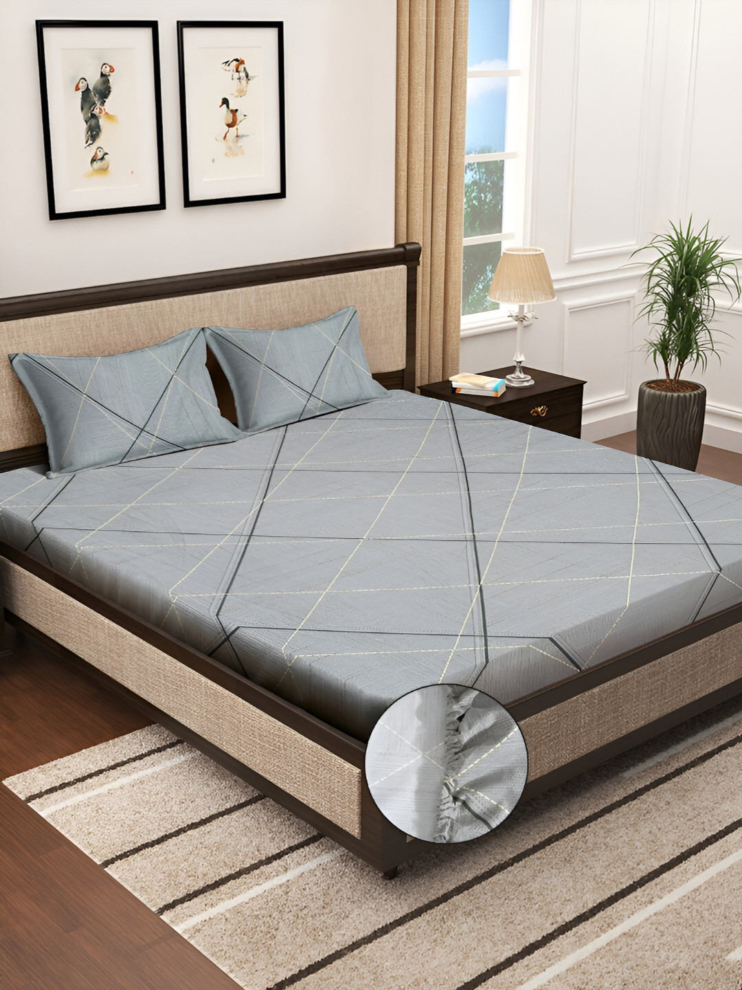 KLOTTHE Blue Geometric Fitted 300 TC King Fine Bedsheet with 2 Pillow Covers-250X225 cm
