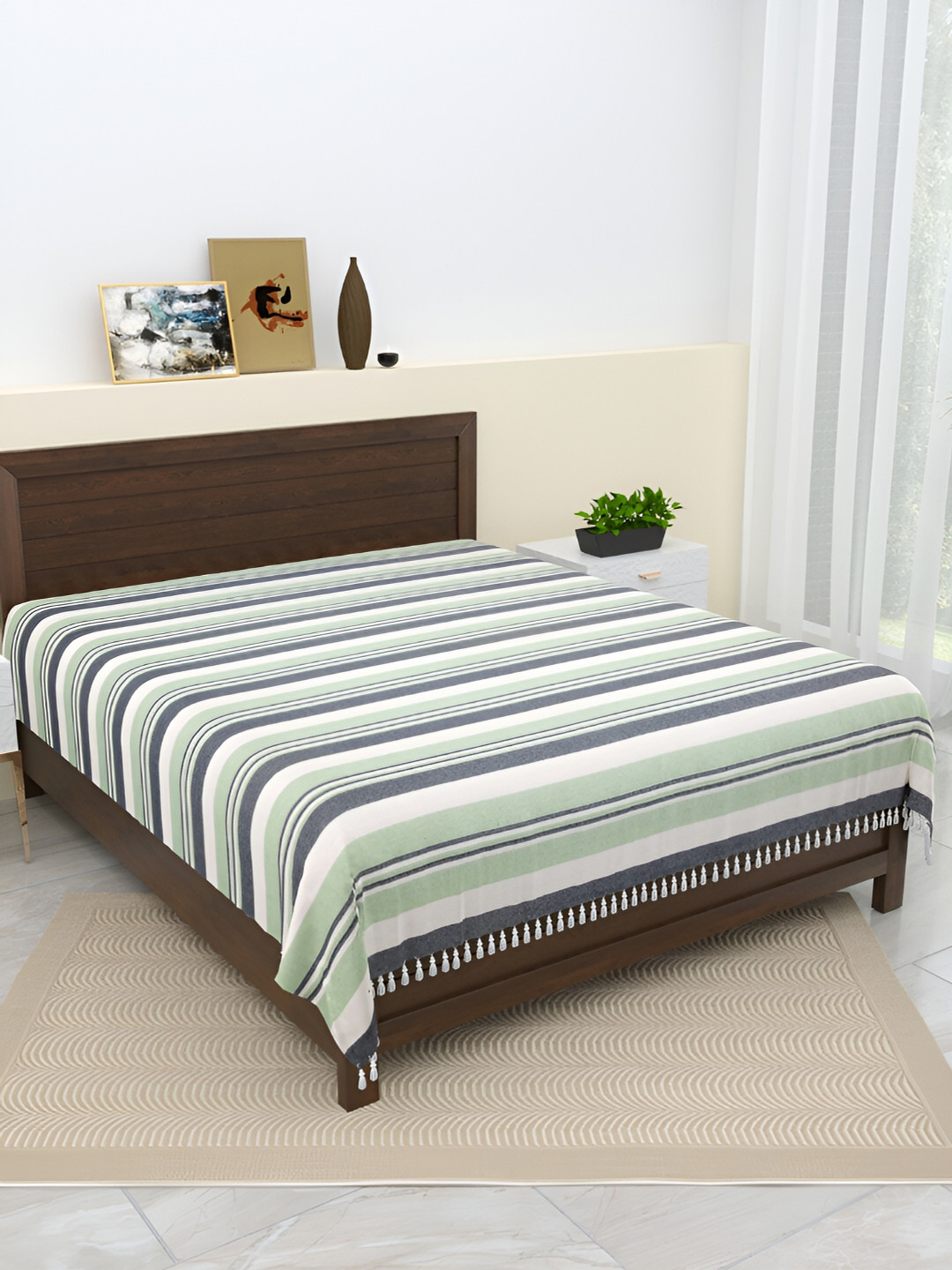 Aura Handloom Green Striped Cotton 144 TC Queen Bedsheet -89 x 98 inches