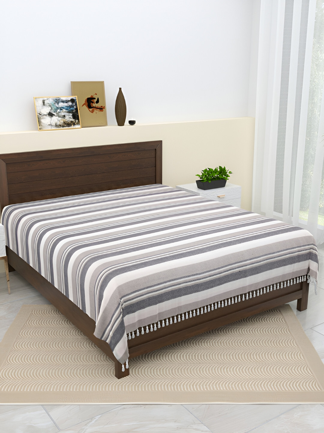 Aura Kerala Grey Striped Cotton 144 TC Queen Bedsheet -89 x 98 inches