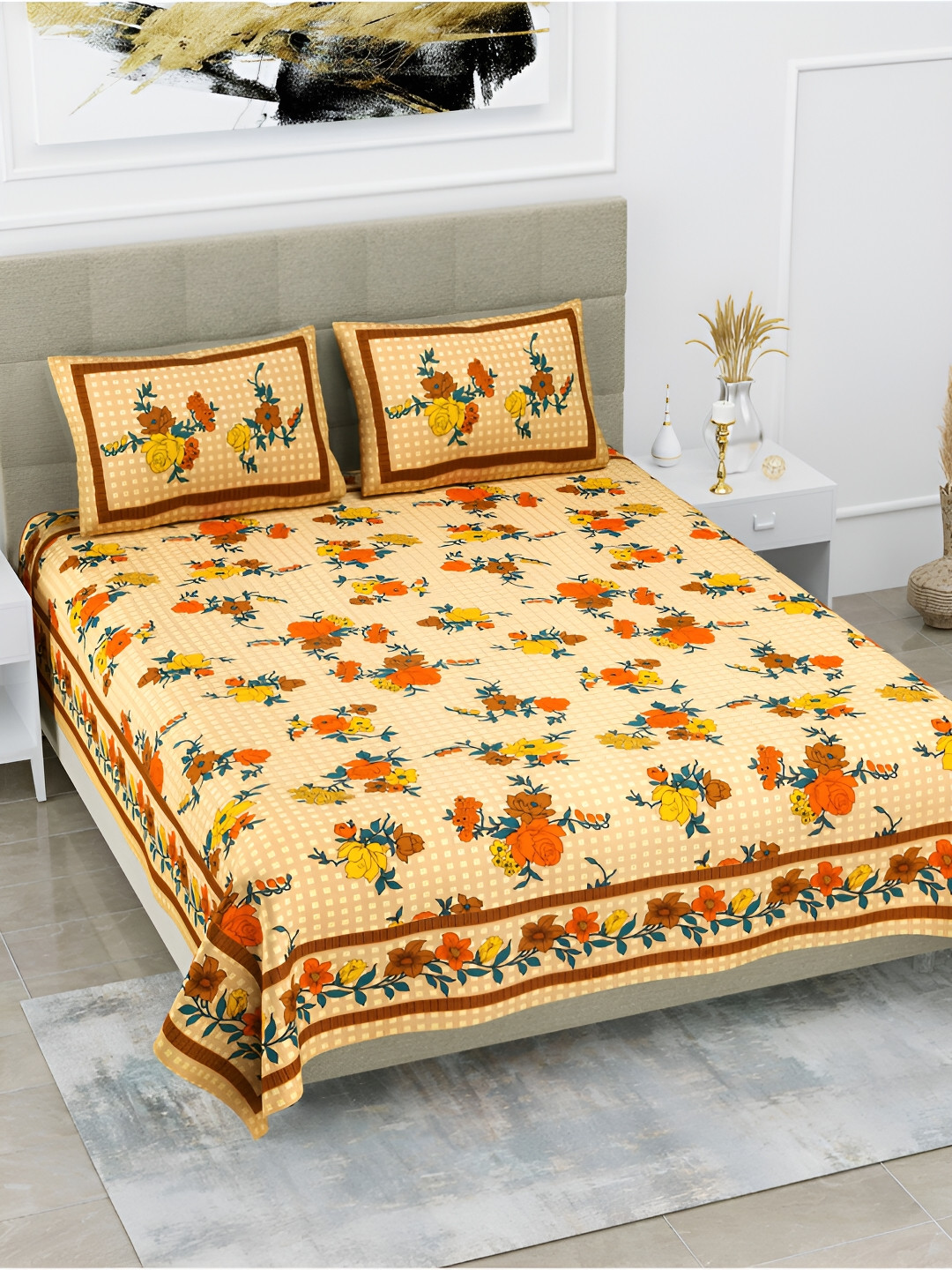 POORAK Brown Floral Pure Cotton 104 TC Queen Coarse Bedsheet with 2 Pillow Covers-100 x 90 inches