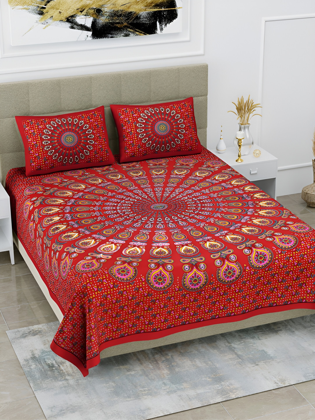 POORAK Red Ethnic Motifs Cotton 104 TC Queen Coarse Bedsheet with 2 Pillow Covers-100 x 90 inches
