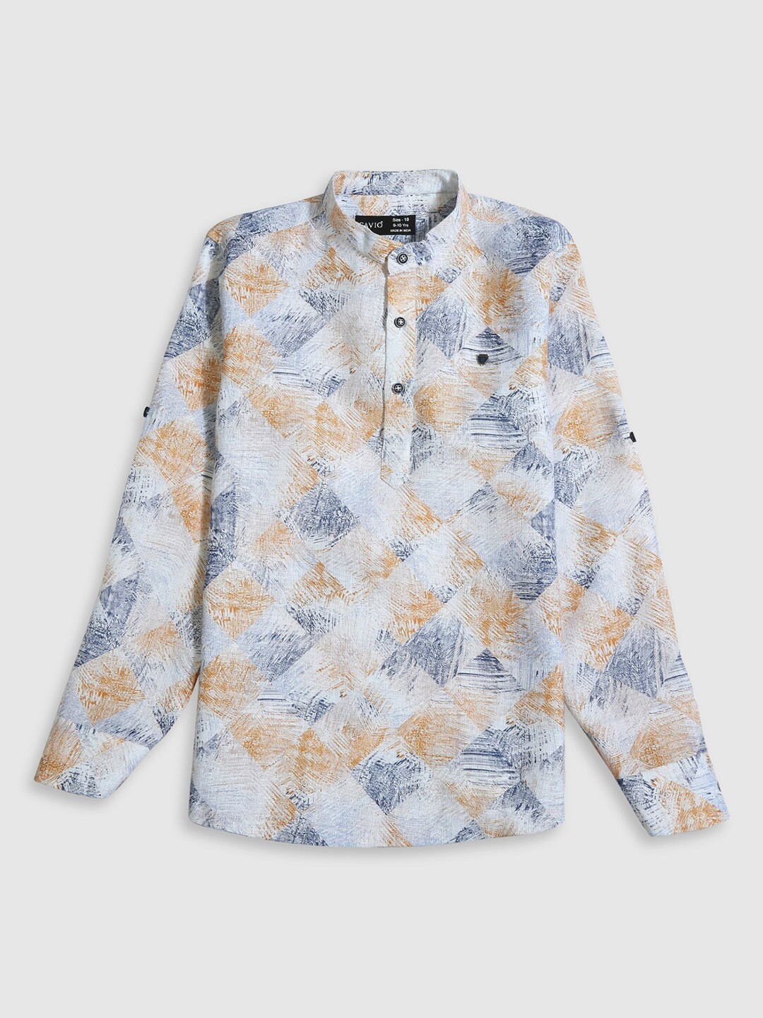 CAVIO Boys Standard Fit Printed Mandarin Collar Long Roll-Up Sleeves Cotton Casual Shirt